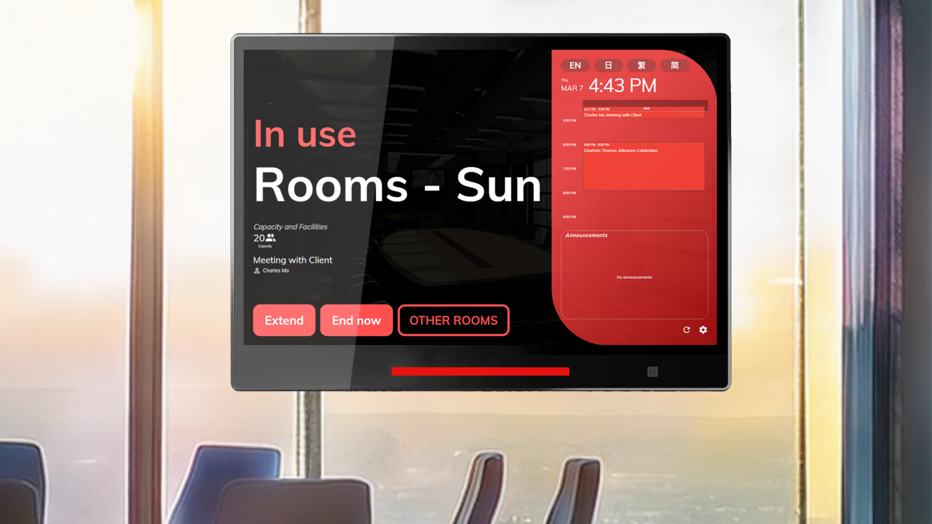 The room will then turns to "In use" and the panel color will turn red.